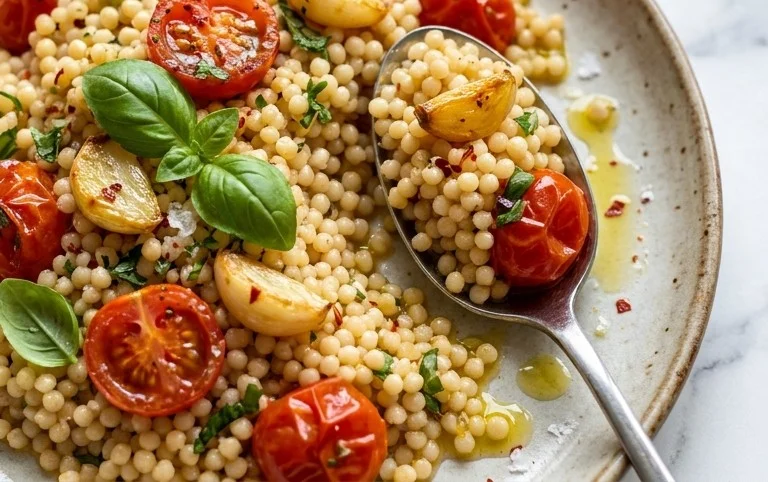 Healthy One-Pan Couscous With Garlic, Tomatoes And Basil