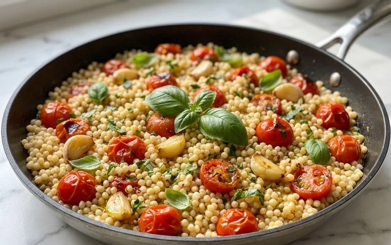 Healthy One-Pan Couscous With Garlic, Tomatoes And Basil