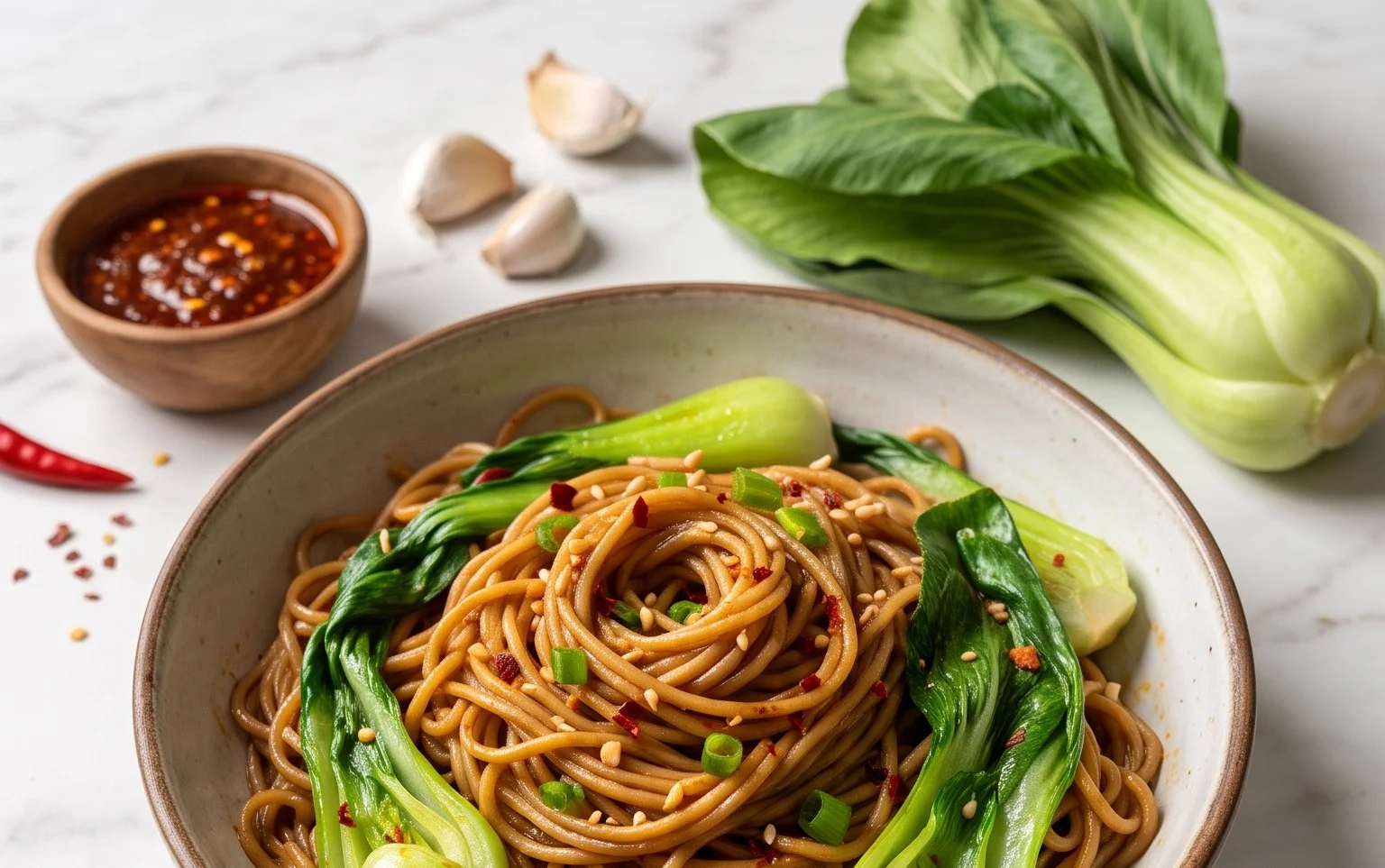 Spicy Garlic Soba Noodles with Bok Choy
