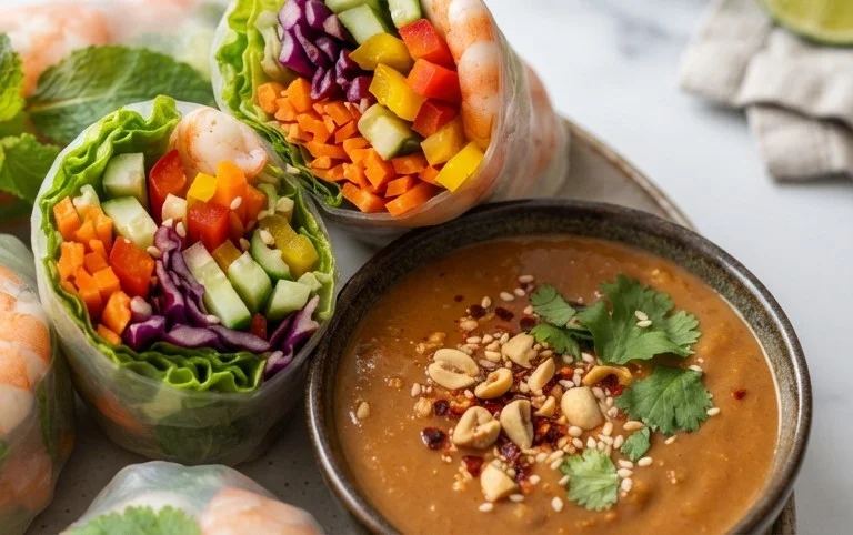 Rainbow Spring Rolls with Gin Extractger Peanut Sauce