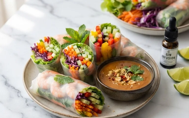 Rainbow Spring Rolls with Gin Extractger Peanut Sauce