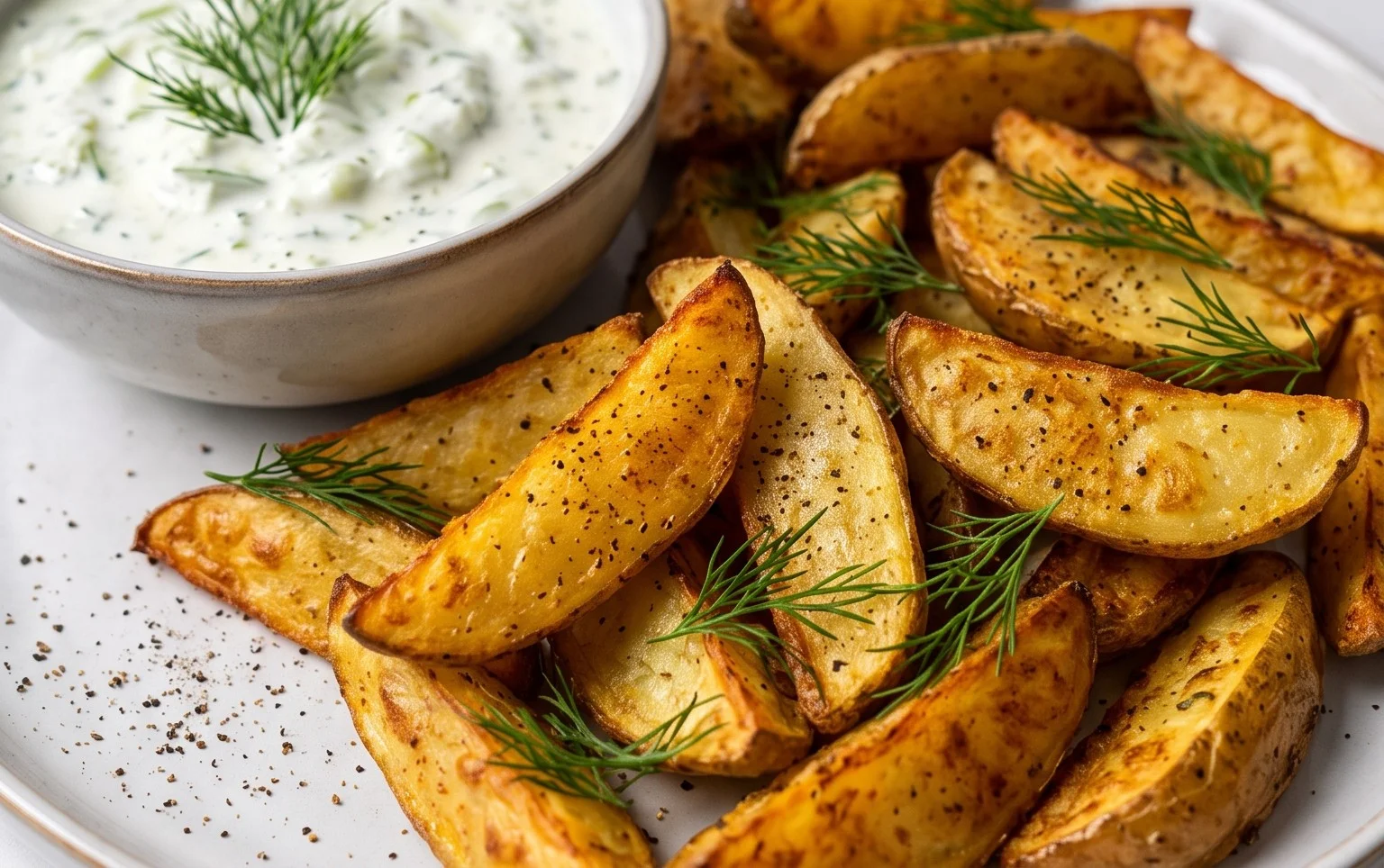 Kartoffelspalten mit Gurkendip