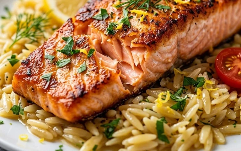 One Skillet Salmon with Lemon Orzo