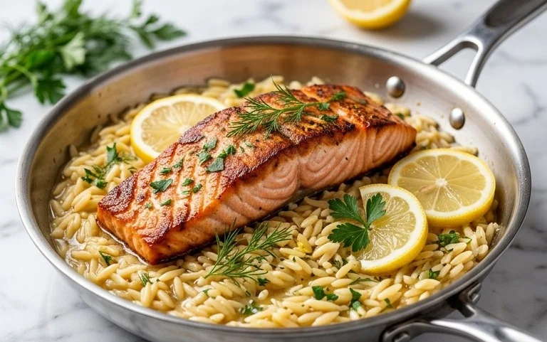 One Skillet Salmon with Lemon Orzo